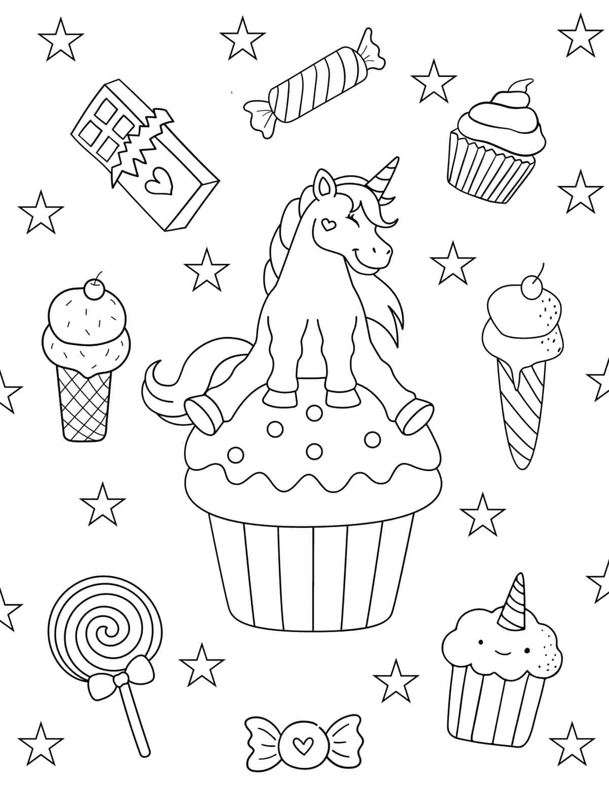 coloring sheet with a unicorn sitting on a cupcake surrounded by sweet treats