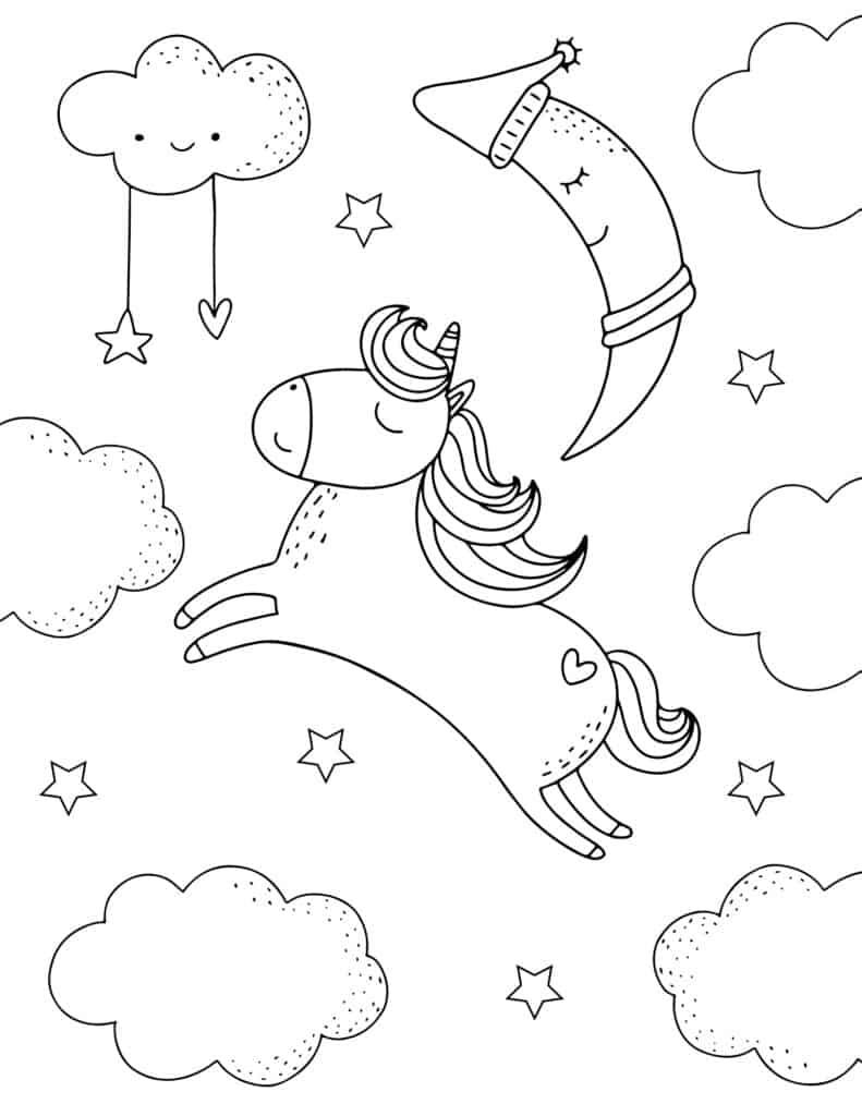 unicorn coloring page with a background of clouds, stars and a sleeping moon