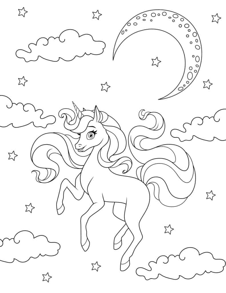 graceful unicorn in the night sky with clouds and a moon in the background 