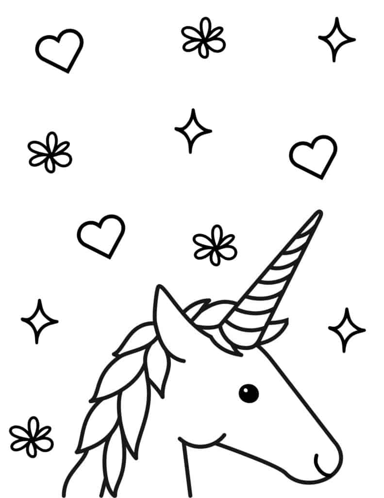unicorn with a long horn and hearts, flowers and stars in the background