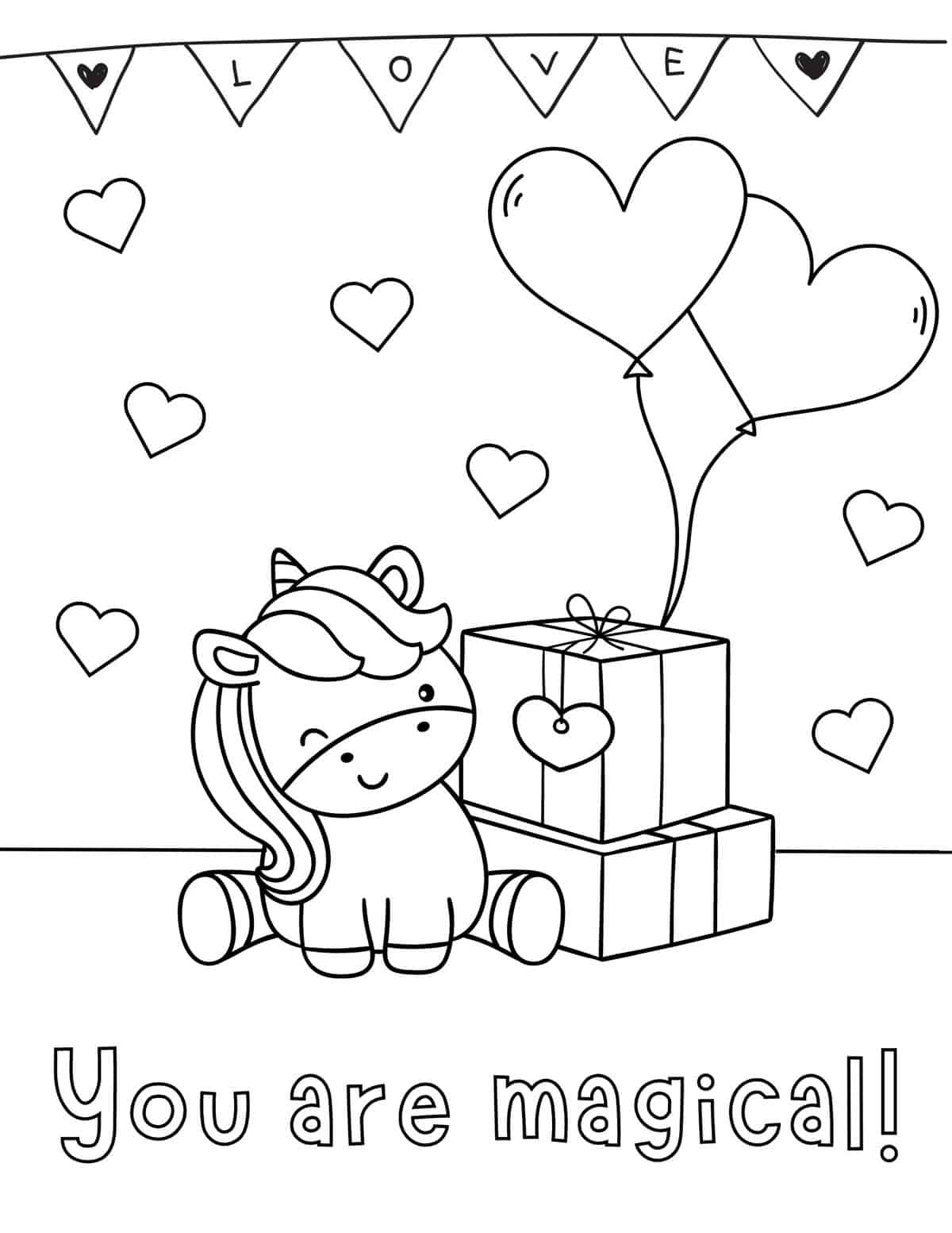 a little unicorn sitting next to presents with the words 