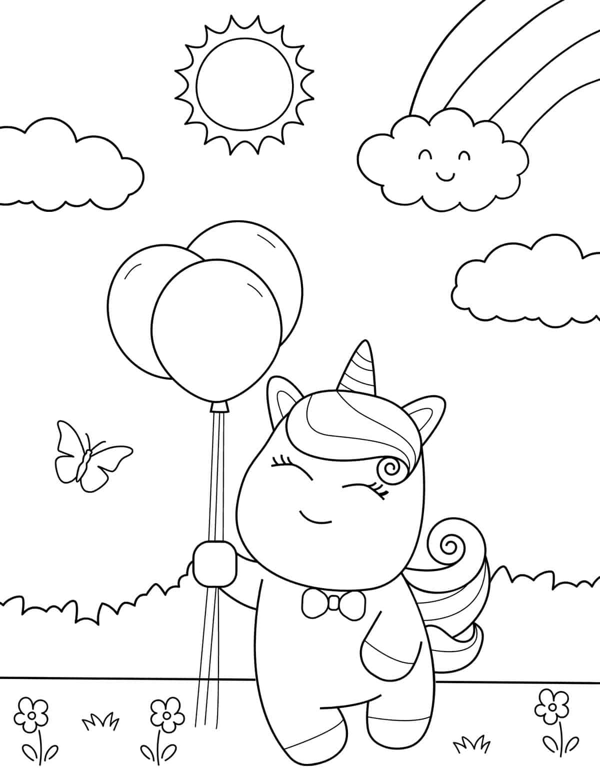 little unicorn holding balloons