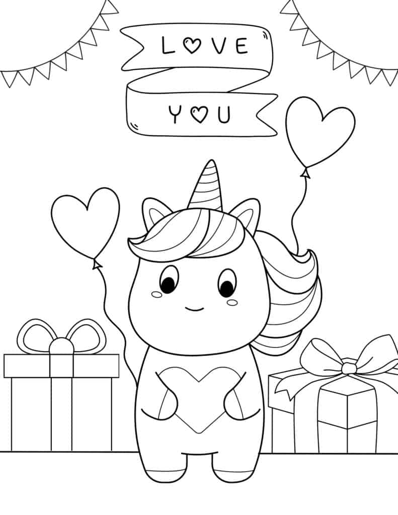 unicorn with love you banner and gifts coloring page for kids