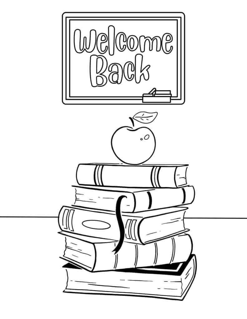 welcome back to school coloring page with a stack of books and an apple