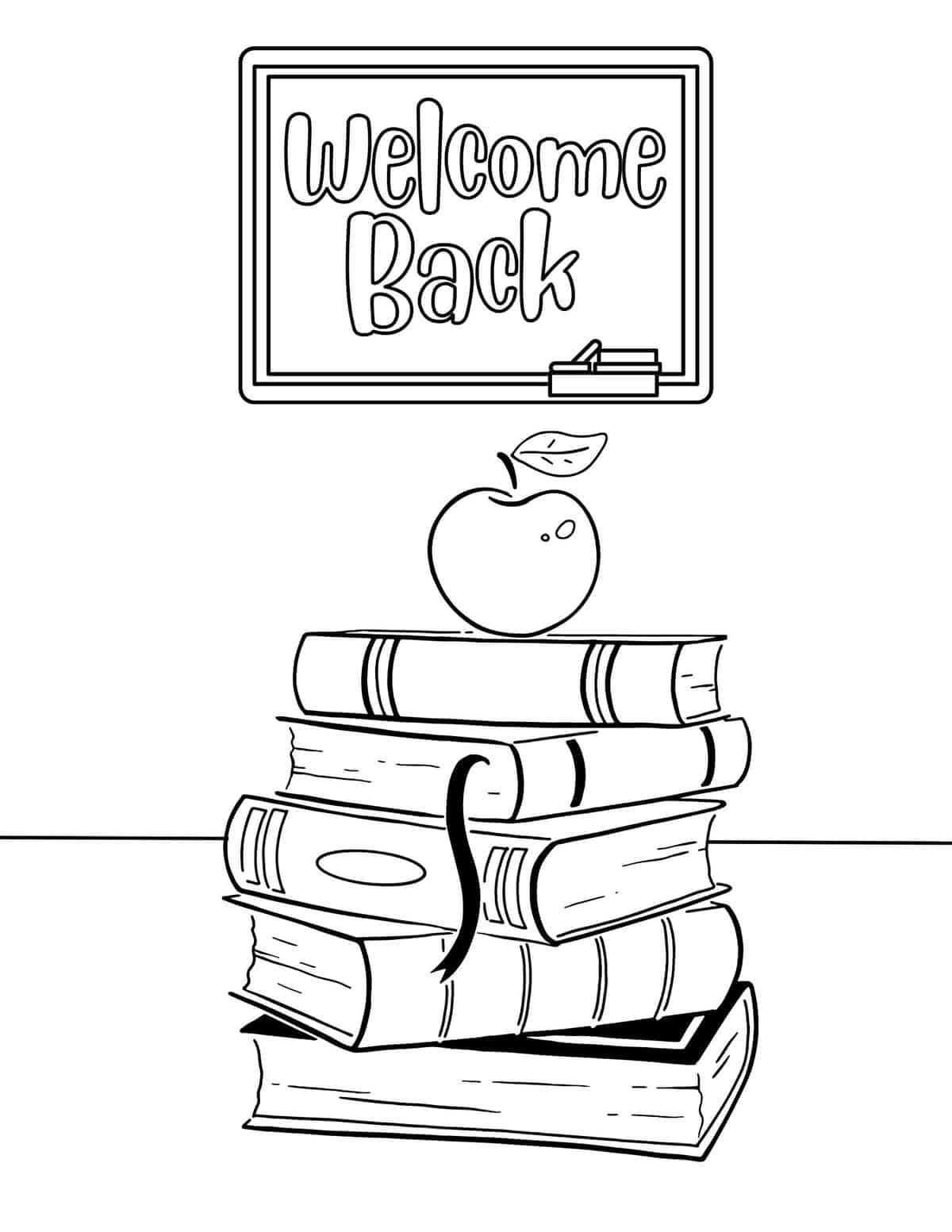 welcome back to school coloring page with a stack of books and an apple