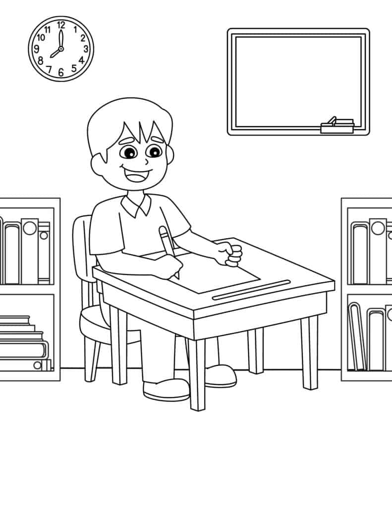 boy writing at desk with bookcases in background