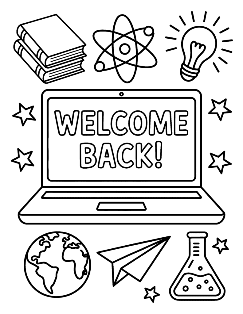 laptop, books, science icons, globe, and stars