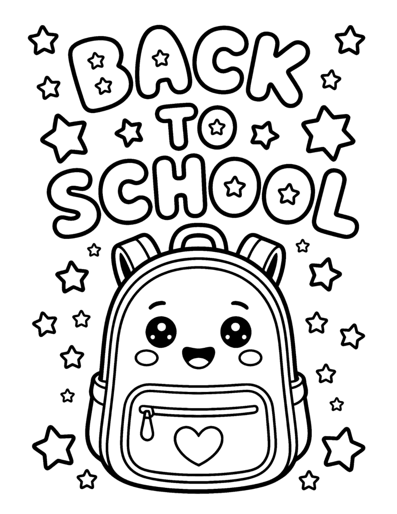 back to school coloring page with a cute smiling backpack and stars