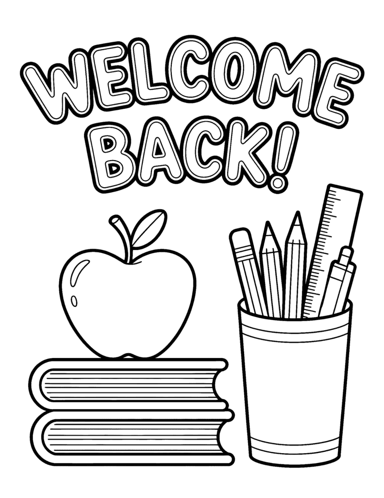 apple, books, pencils, ruler, and school supplies