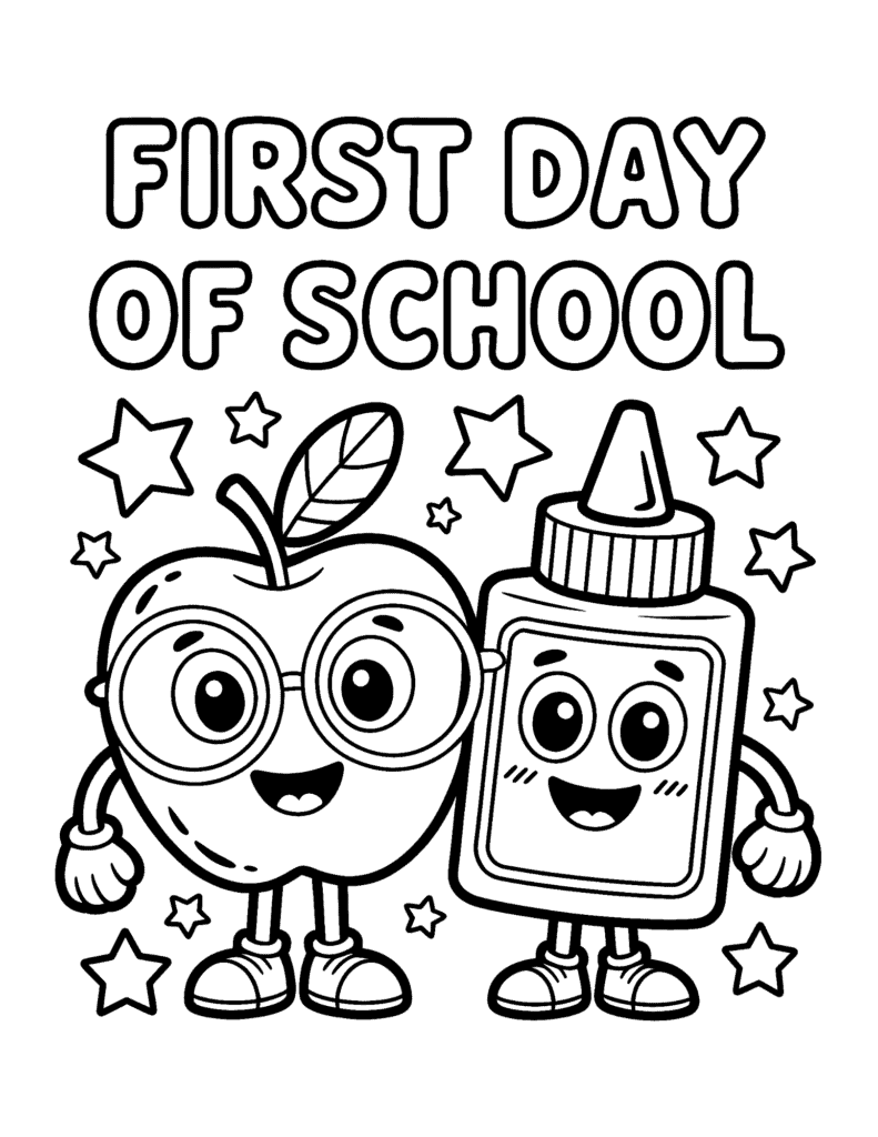 smiling apple and glue bottle characters
