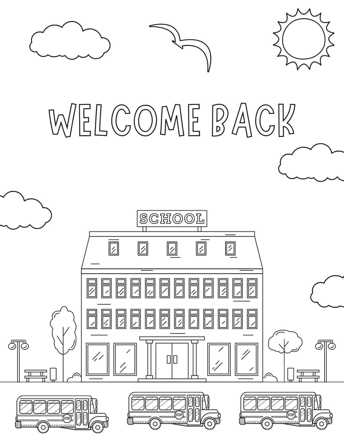 welcome back school with buses coloring sheet