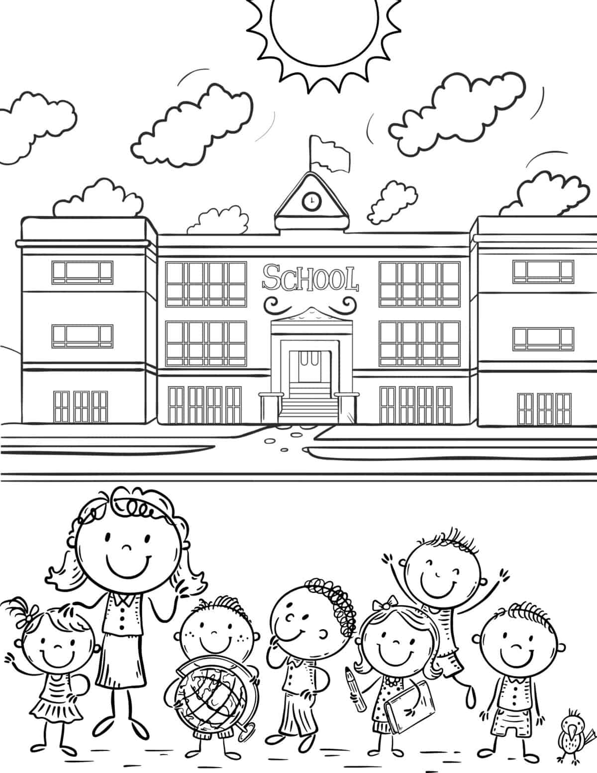 teacher, students and school coloring page
