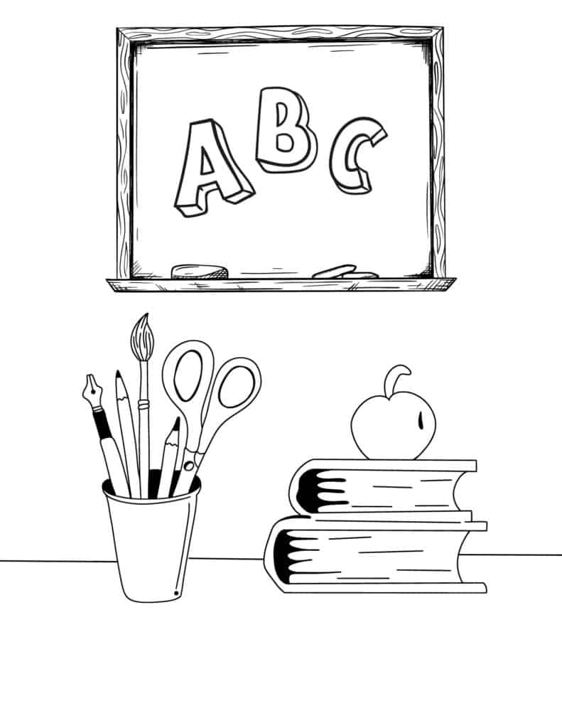 abc chalkboard with books and a pencil cup