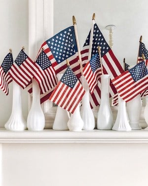 american flags in vases 4th of July Mantel