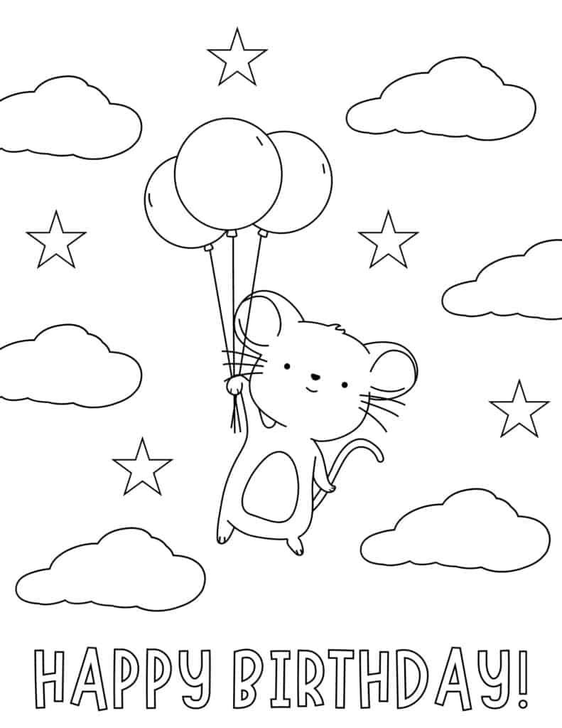 mouse holding balloons and floating in the sky