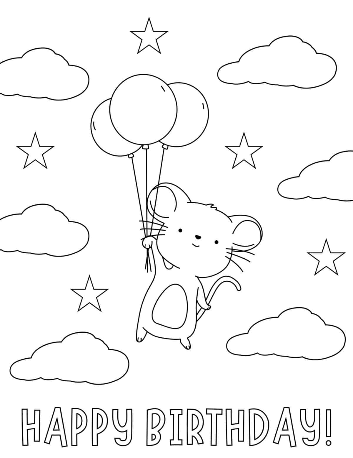 mouse holding balloons and floating in the sky