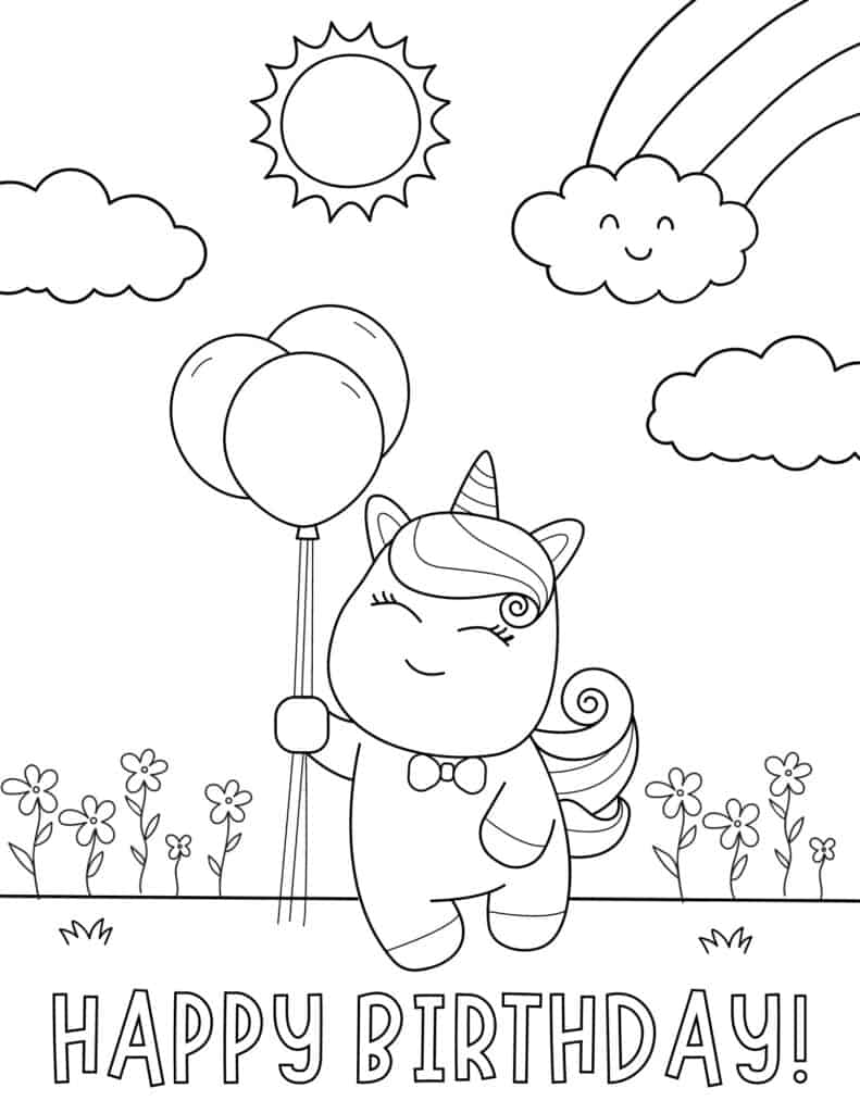 unicorn holding balloons standing in a flowery field