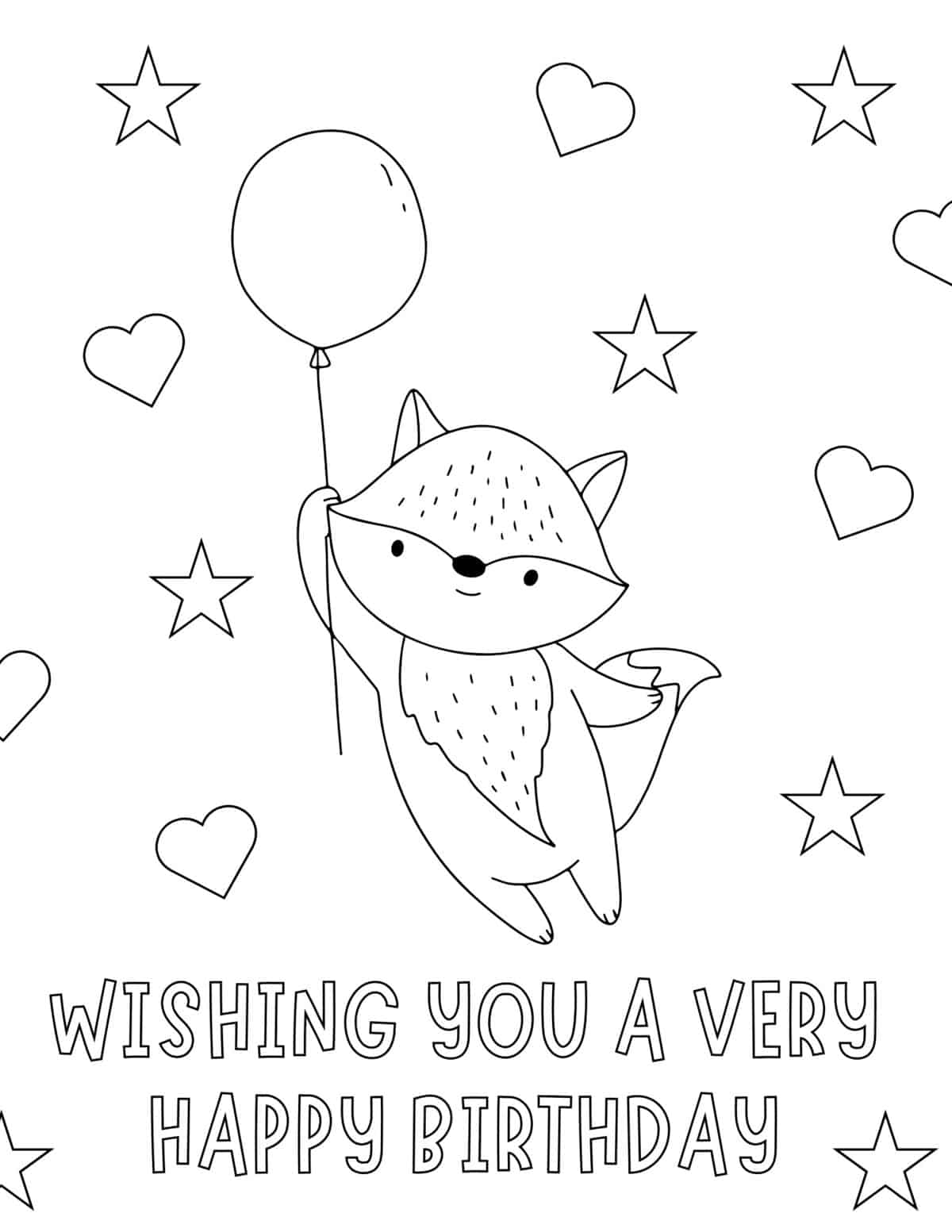 fox floating in the air holding a balloon with stars and hearts in the background