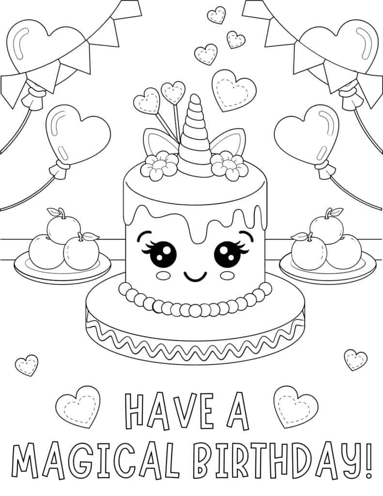 unicorn birthday cake coloring page