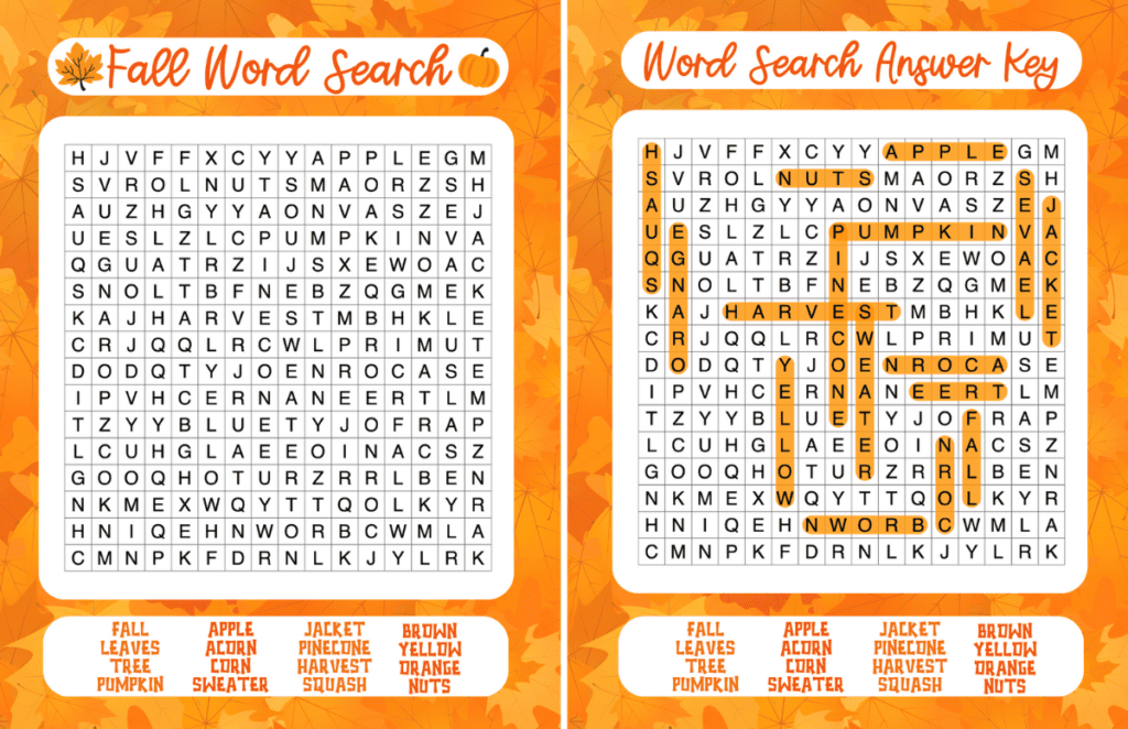 maple leaf fall word search free printable