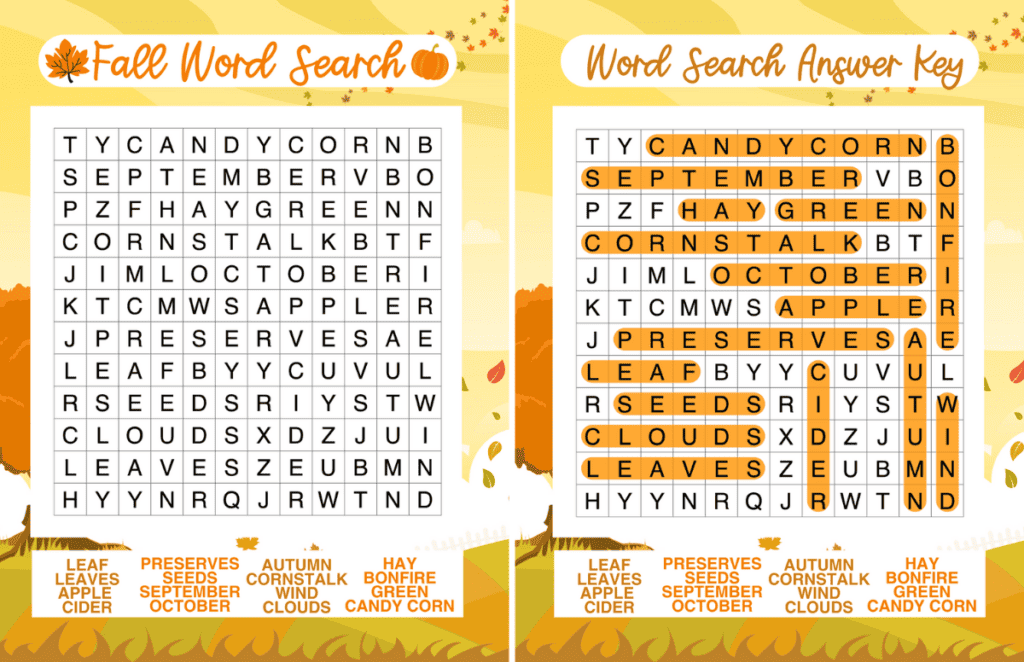 fall scene word search printable