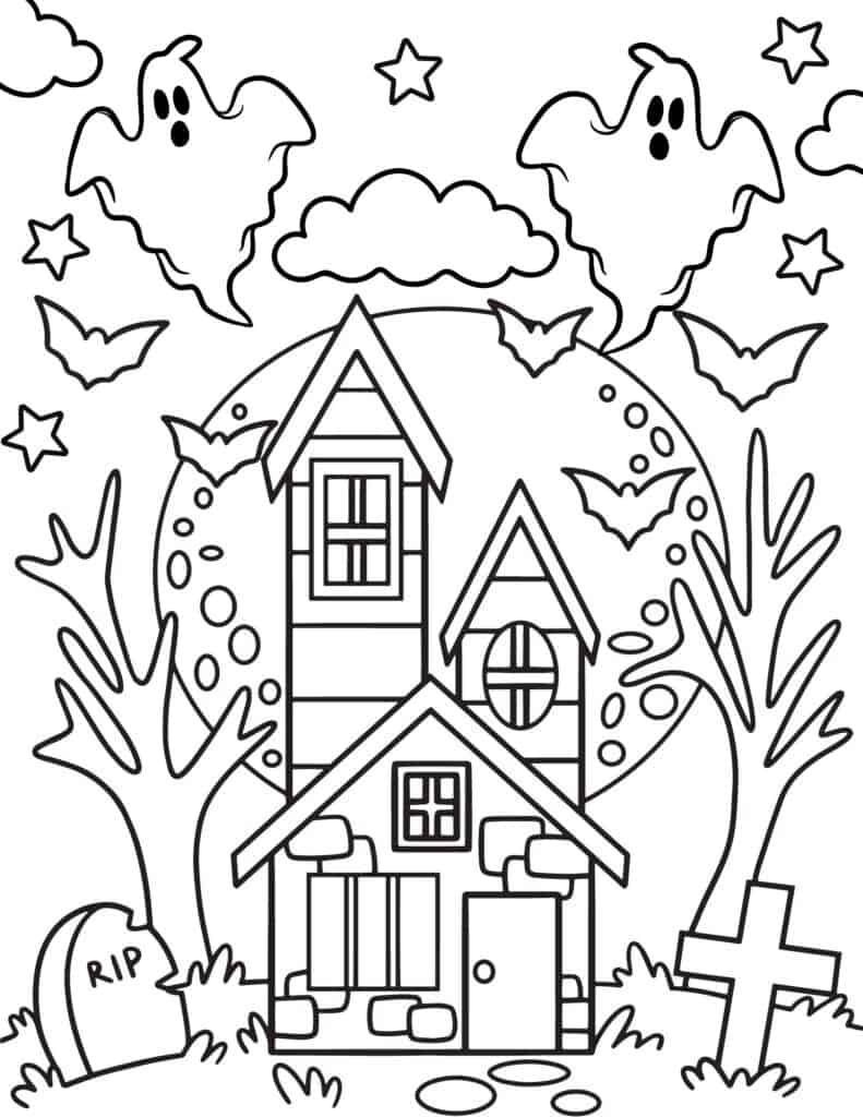 haunted house coloring page with ghosts