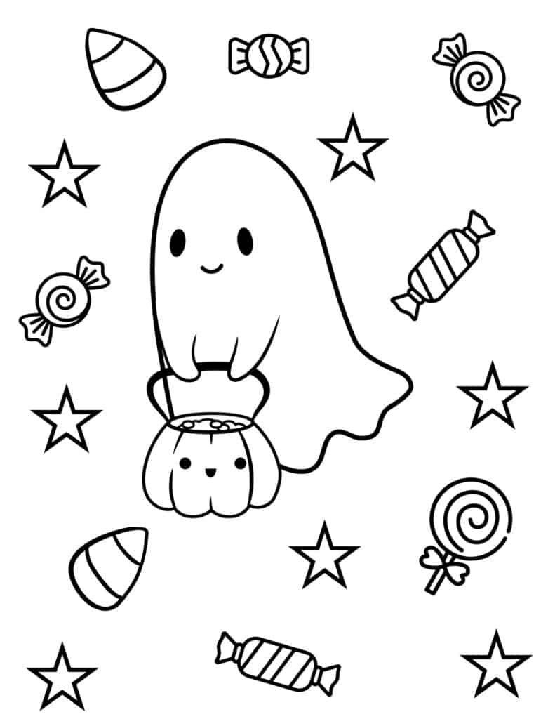 ghost coloring page with pumpkin pail full of candy 
