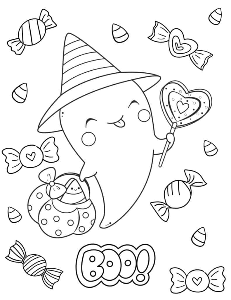 cute ghost with halloween candy coloring page