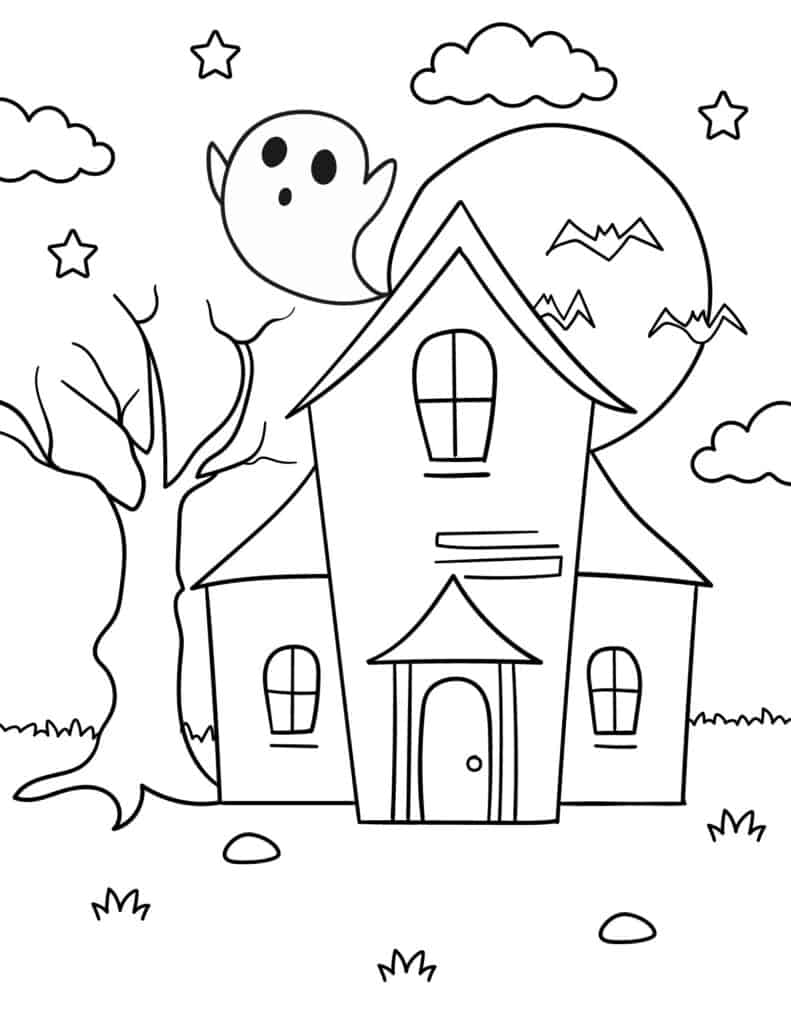 easy haunted house coloring page