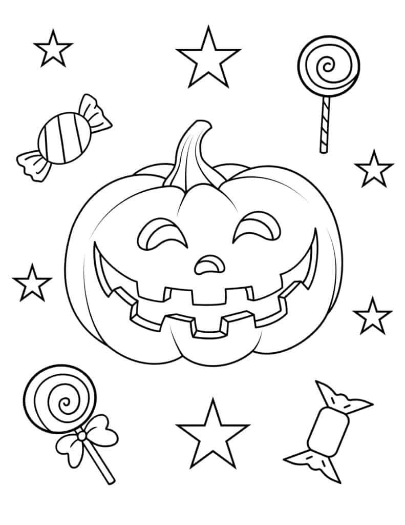 jack o lantern with halloween candy coloring page