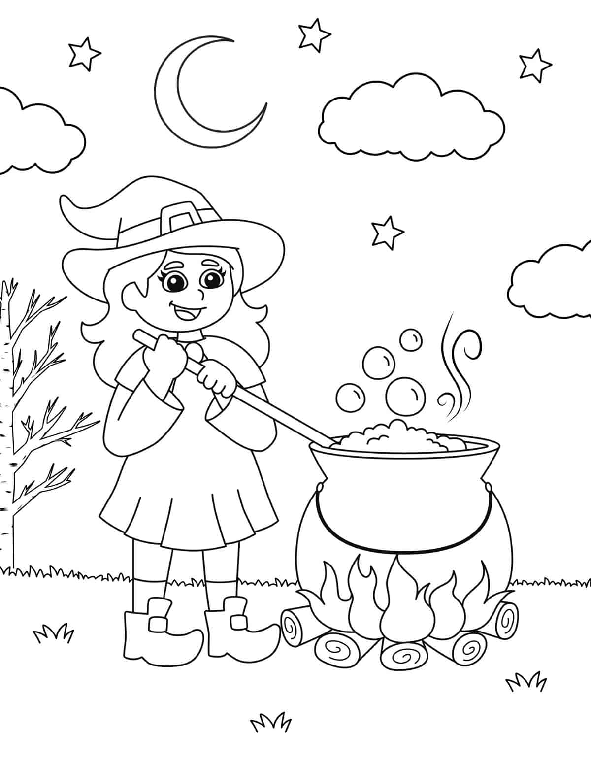 cute girl witch stirring cauldron