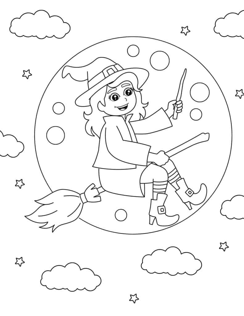 cute witch flying across full moon