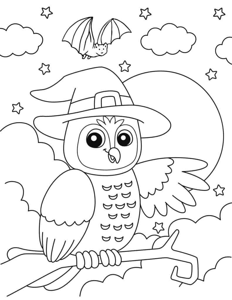 owl wearing witch hat coloring page