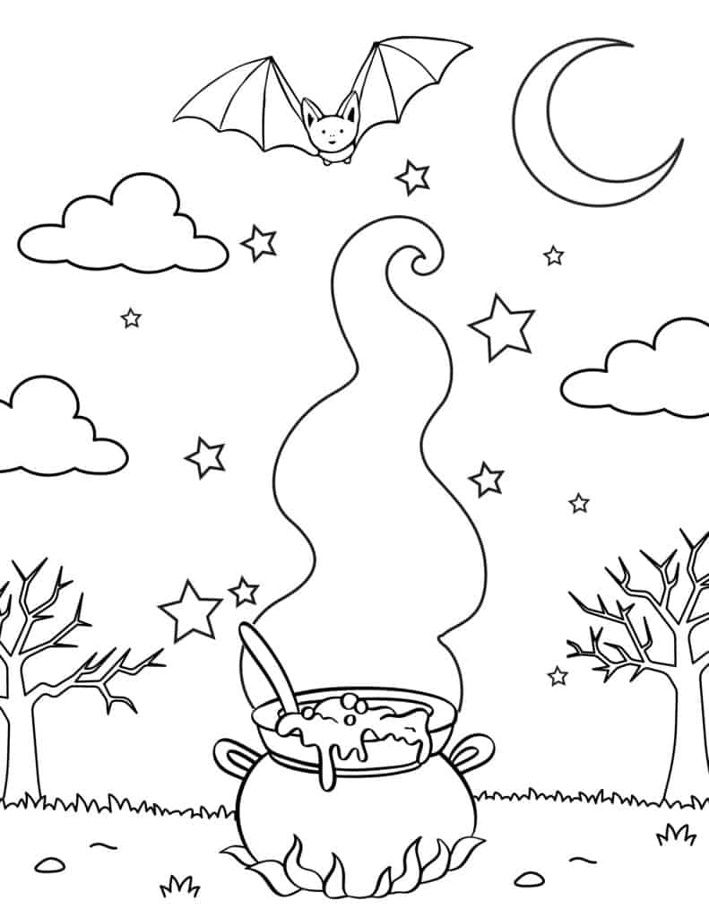 bubbling cauldron under the night sky coloring page
