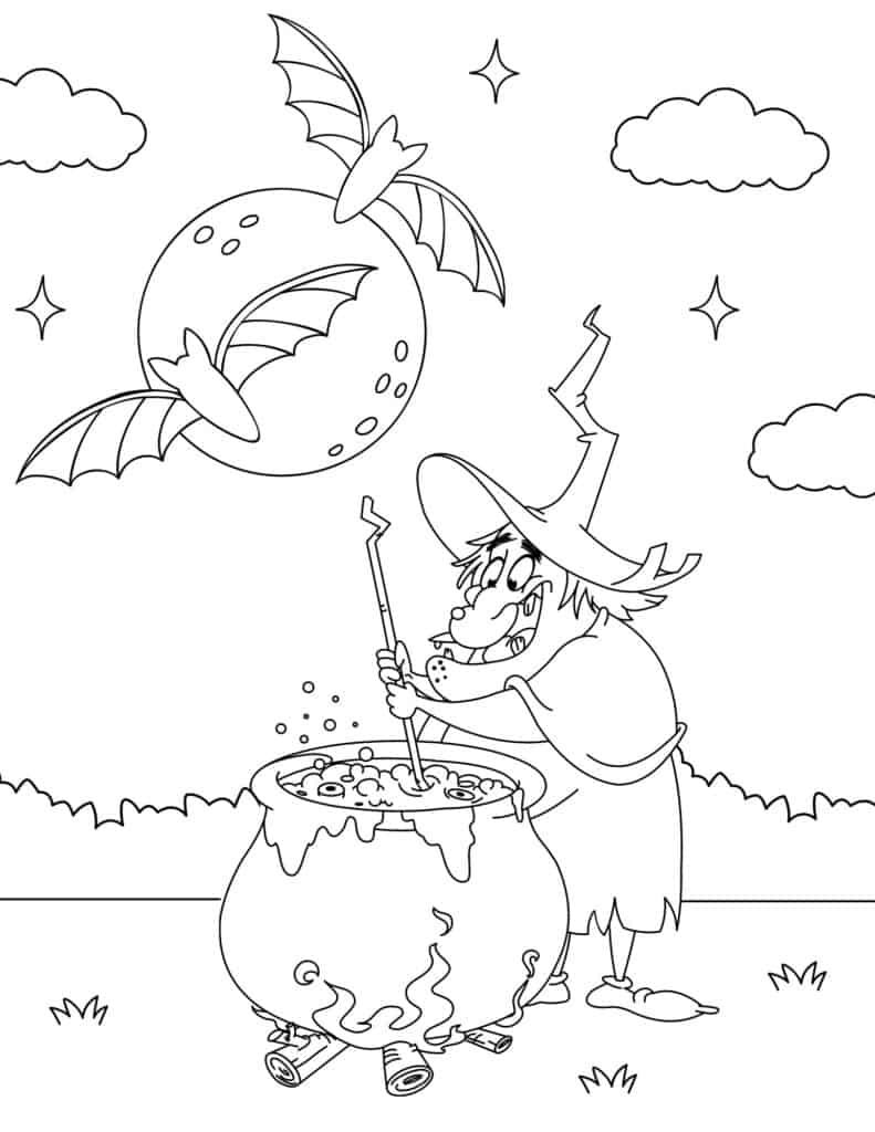 witch stirring cauldron coloring page