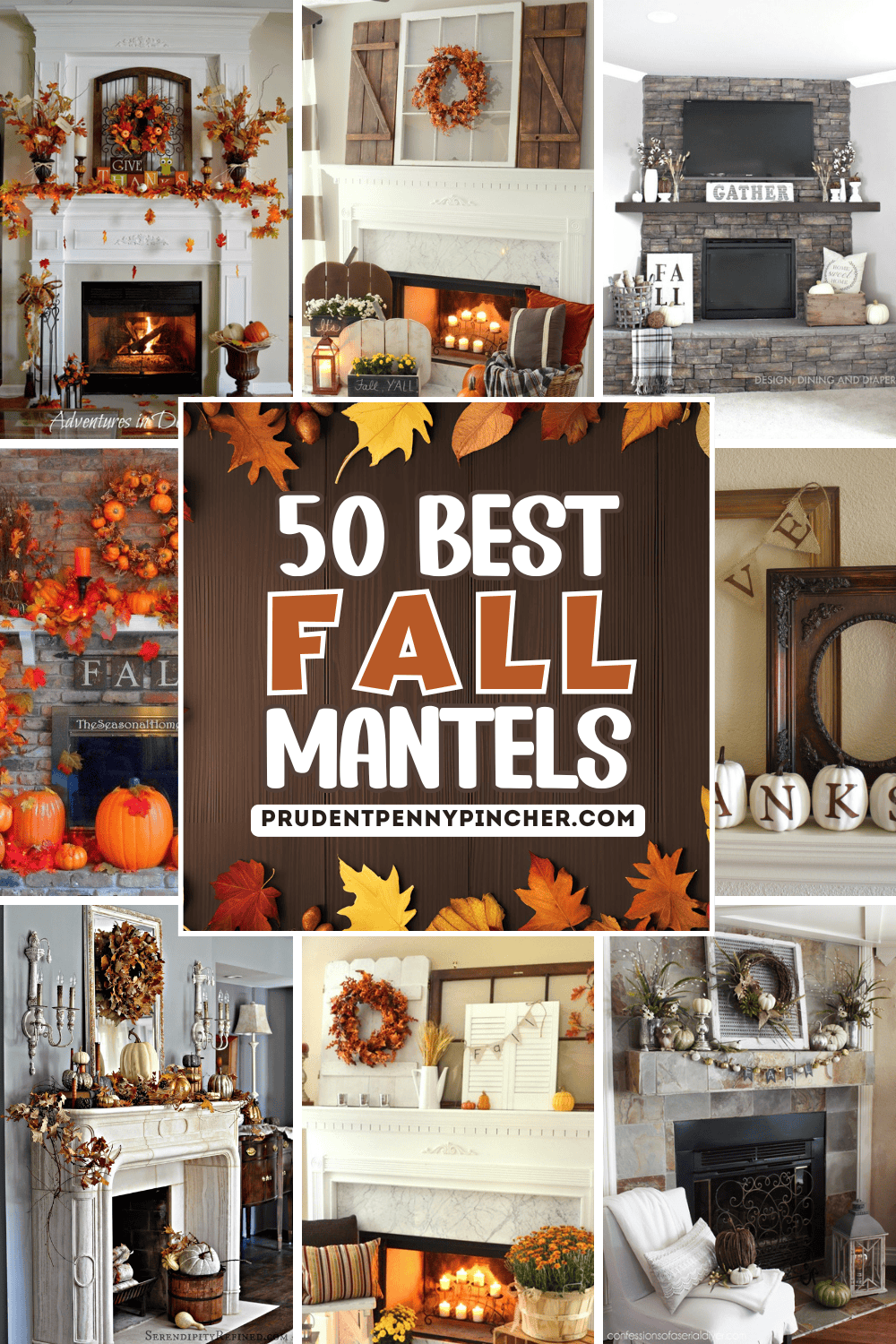 Fall mantel decor ideas featuring autumn wreaths, pumpkins, garlands, fall signs, and cozy farmhouse accents. Perfect for rustic, traditional, or modern fireplace styling for Thanksgiving and autumn home decorating.