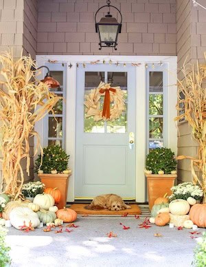 Neutral Autumn Porch with Cornstalks and Pumpkins