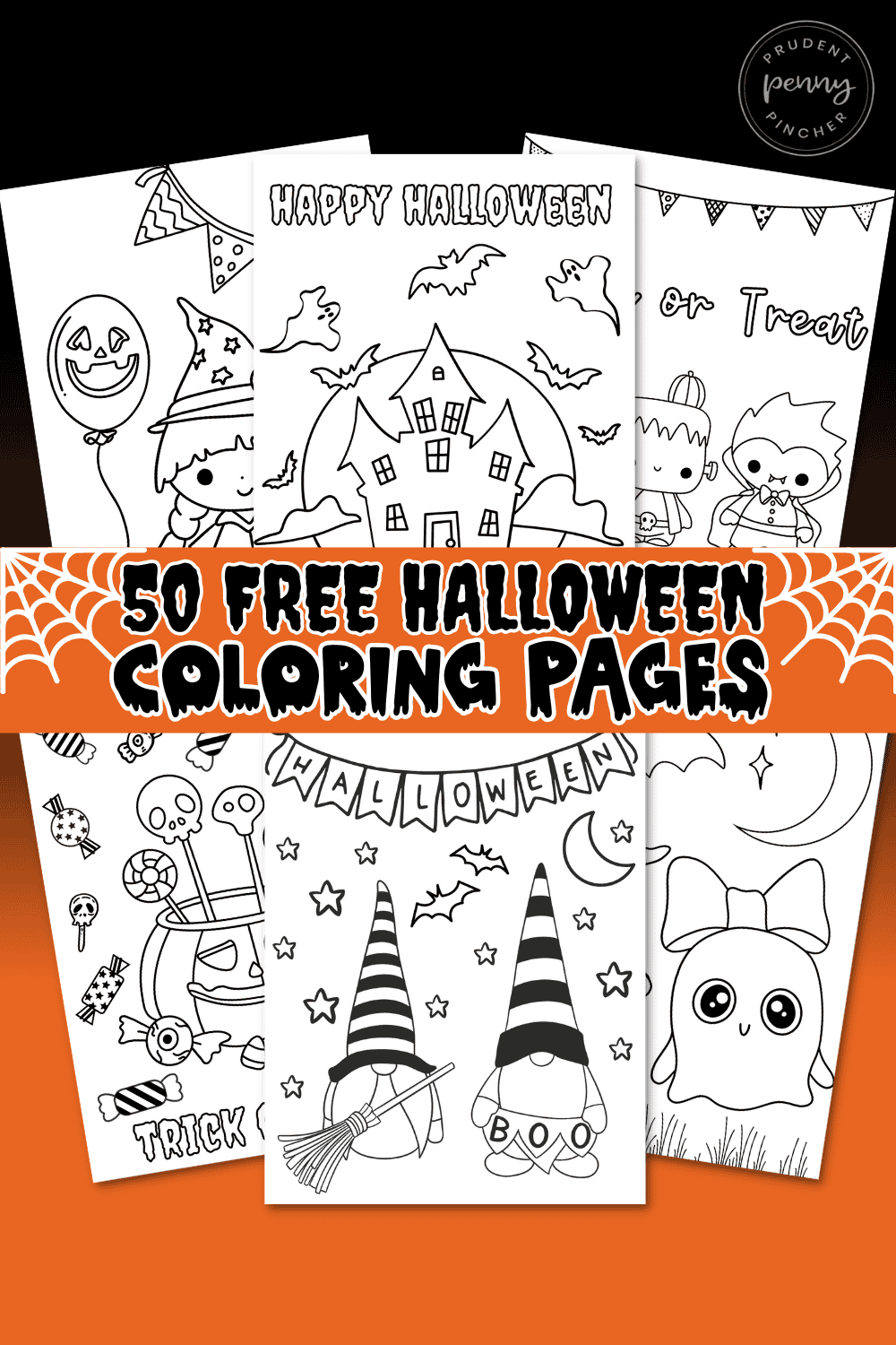 A collage of cute and spooky Halloween coloring pages featuring witches, ghosts, haunted houses, candy, and Halloween gnomes