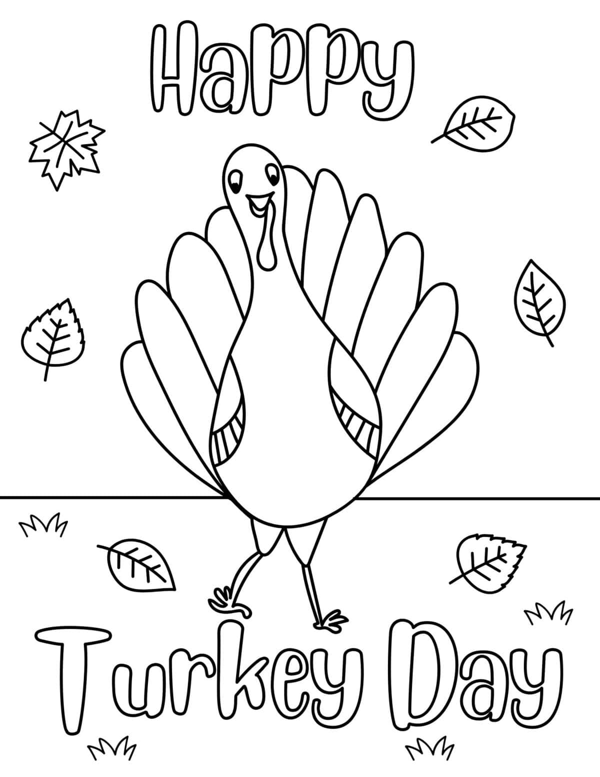 happy turkey day coloring sheet with a cartoon turkey