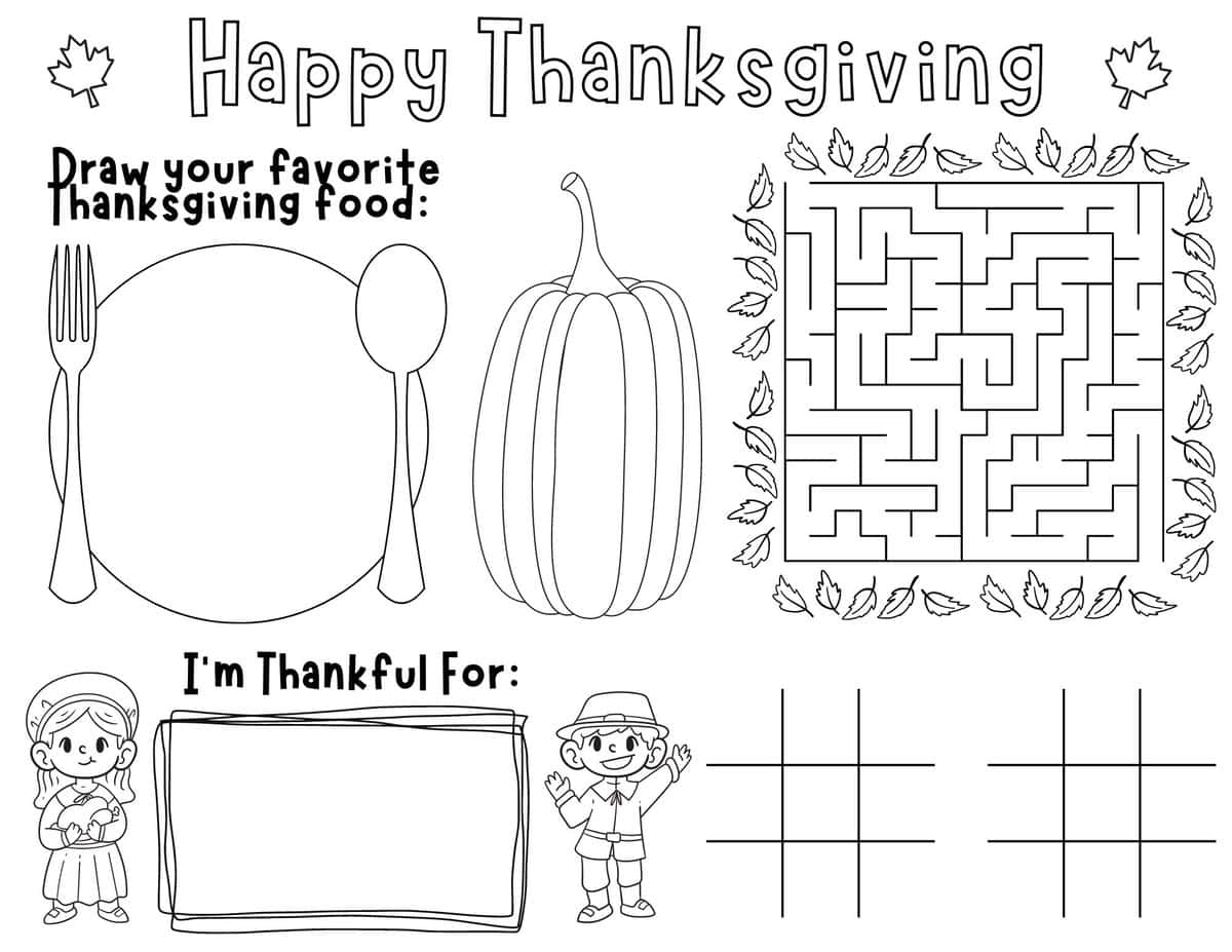 Thanksgiving placemat activity sheet