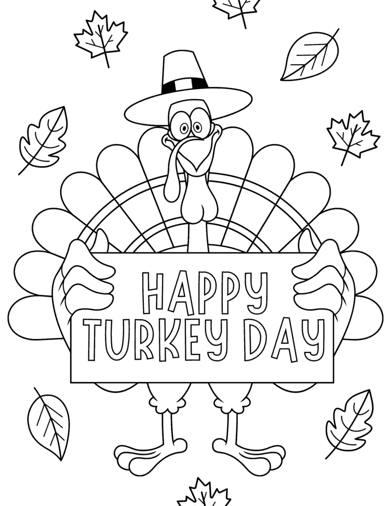 turkey coloring page with happy turkey day sign 