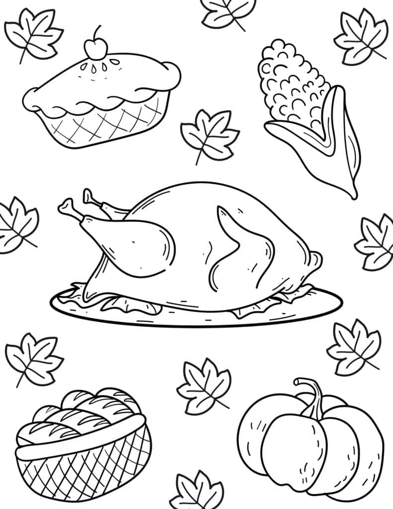 thanksgiving turkey with dinner food coloring page