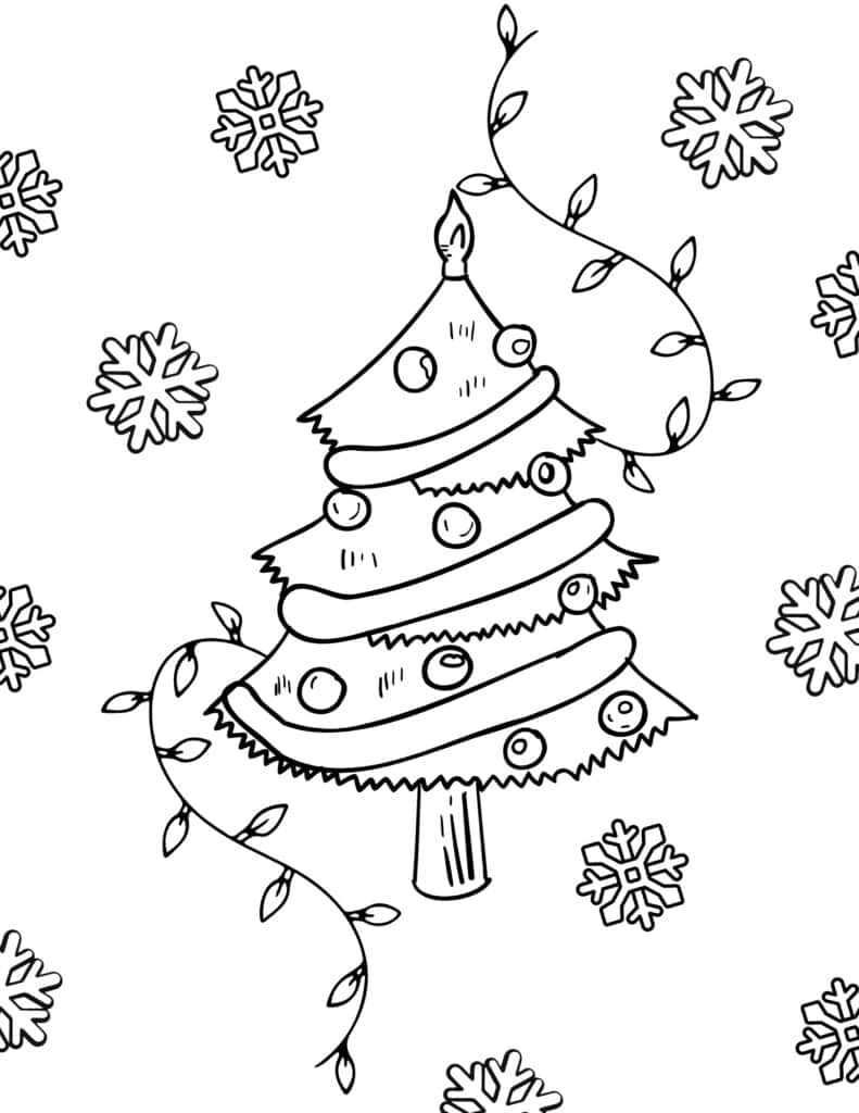 Christmas tree coloring page with snowflakes and lights