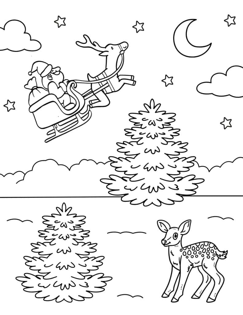 santa on sleigh flying over christmas trees