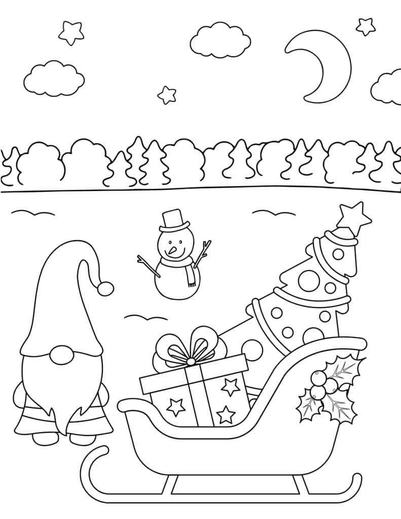 Christmas tree in Santa's sleigh coloring page