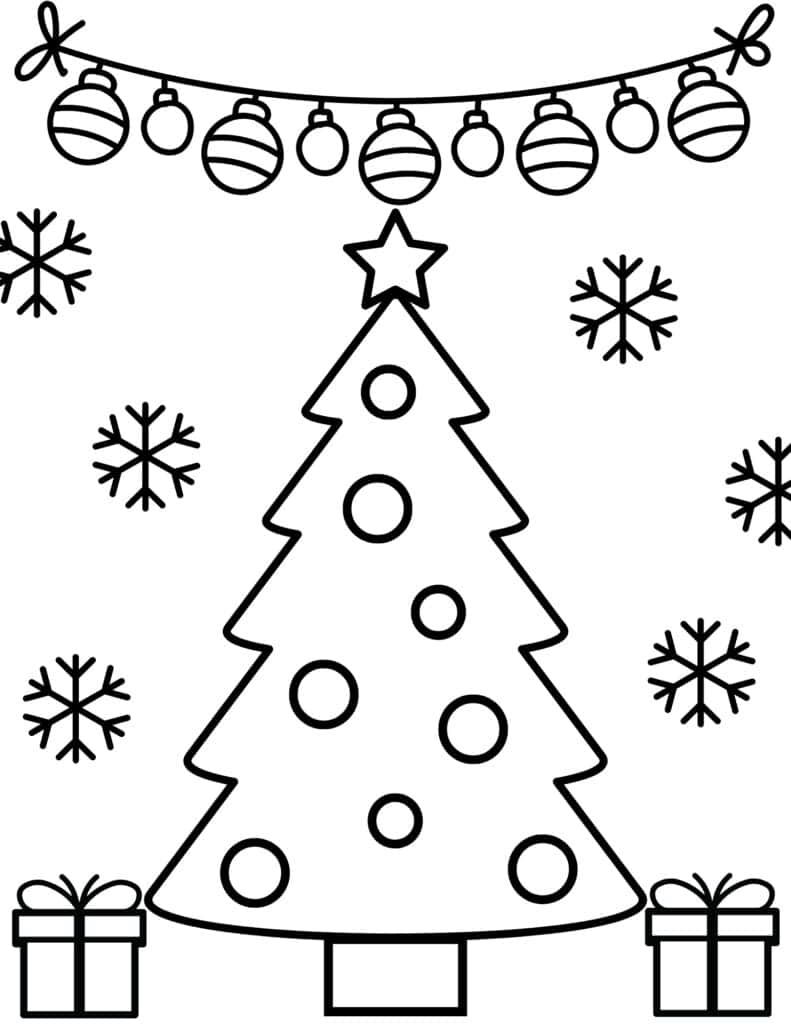 Christmas tree coloring page with gifts and an ornament garland