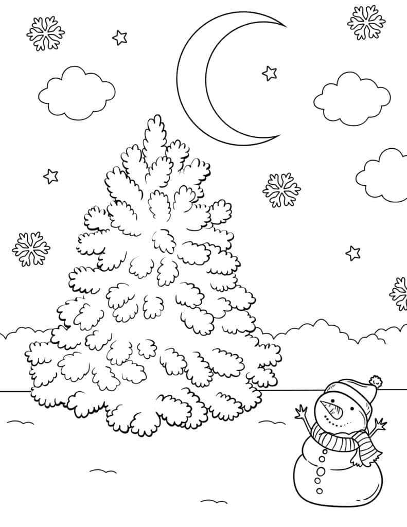 winter coloring page with pine tree and snowman