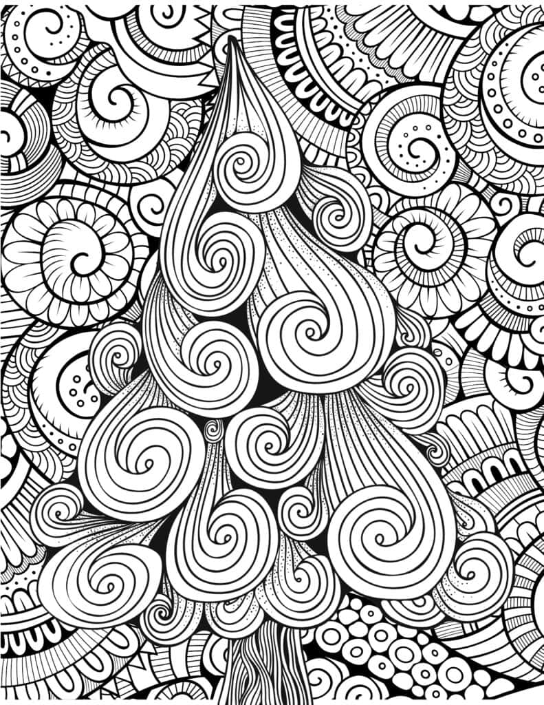 swirling pattern Christmas tree coloring page