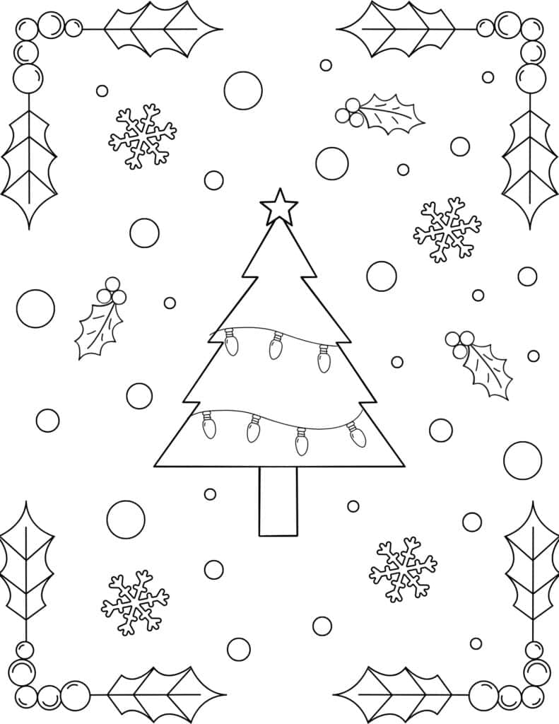 Christmas tree coloring page with mistletoe border