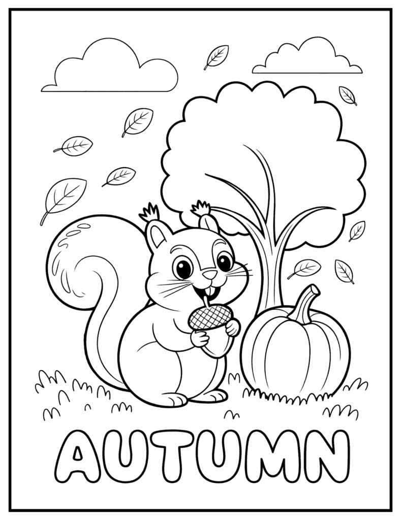 Cute squirrel with pumpkin, tree, and falling leaves